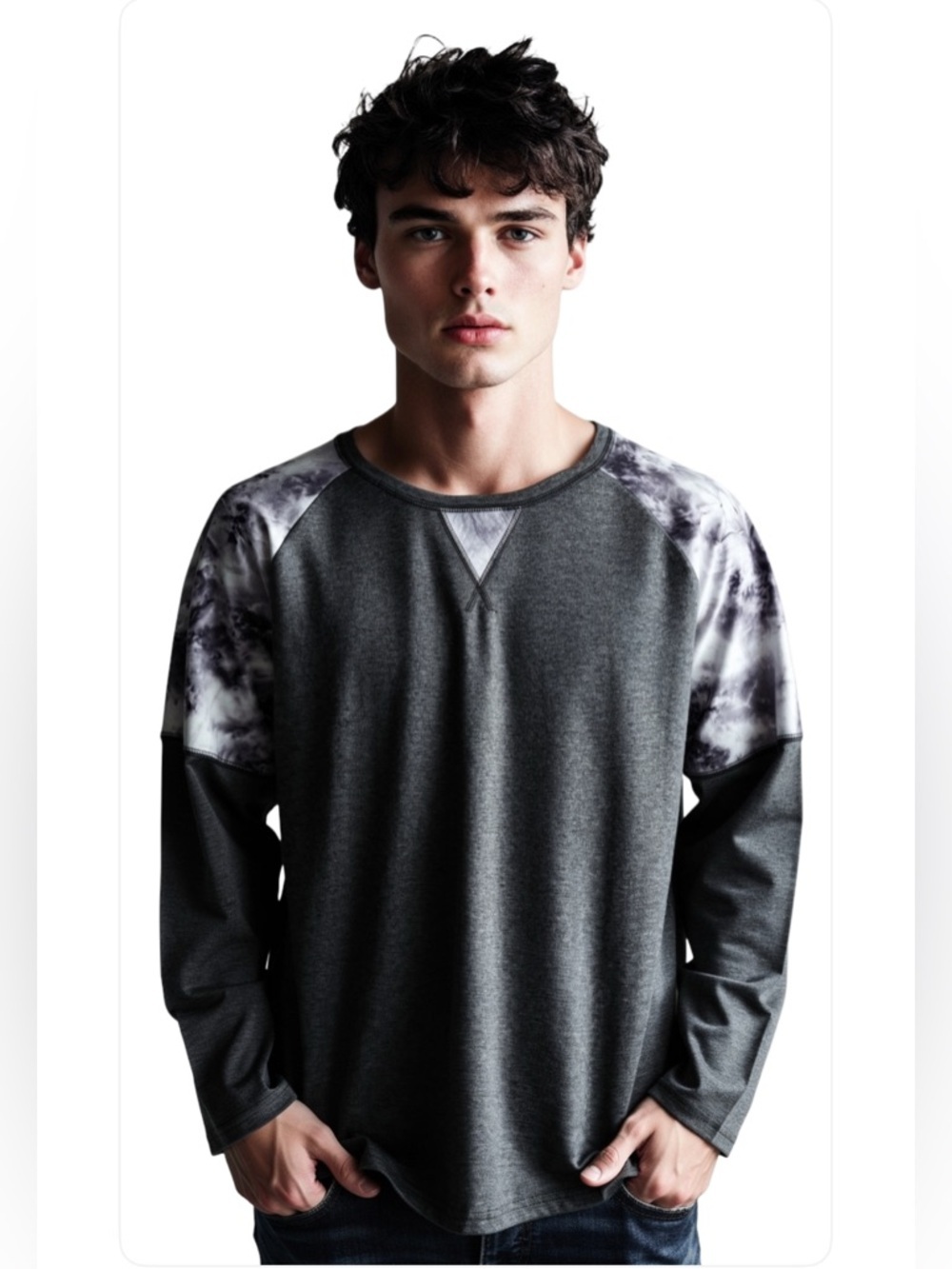 NEW- 4Xl Men's Dark Gray Crewneck Sweatshirt with Tie-Dye Shoulder Accents